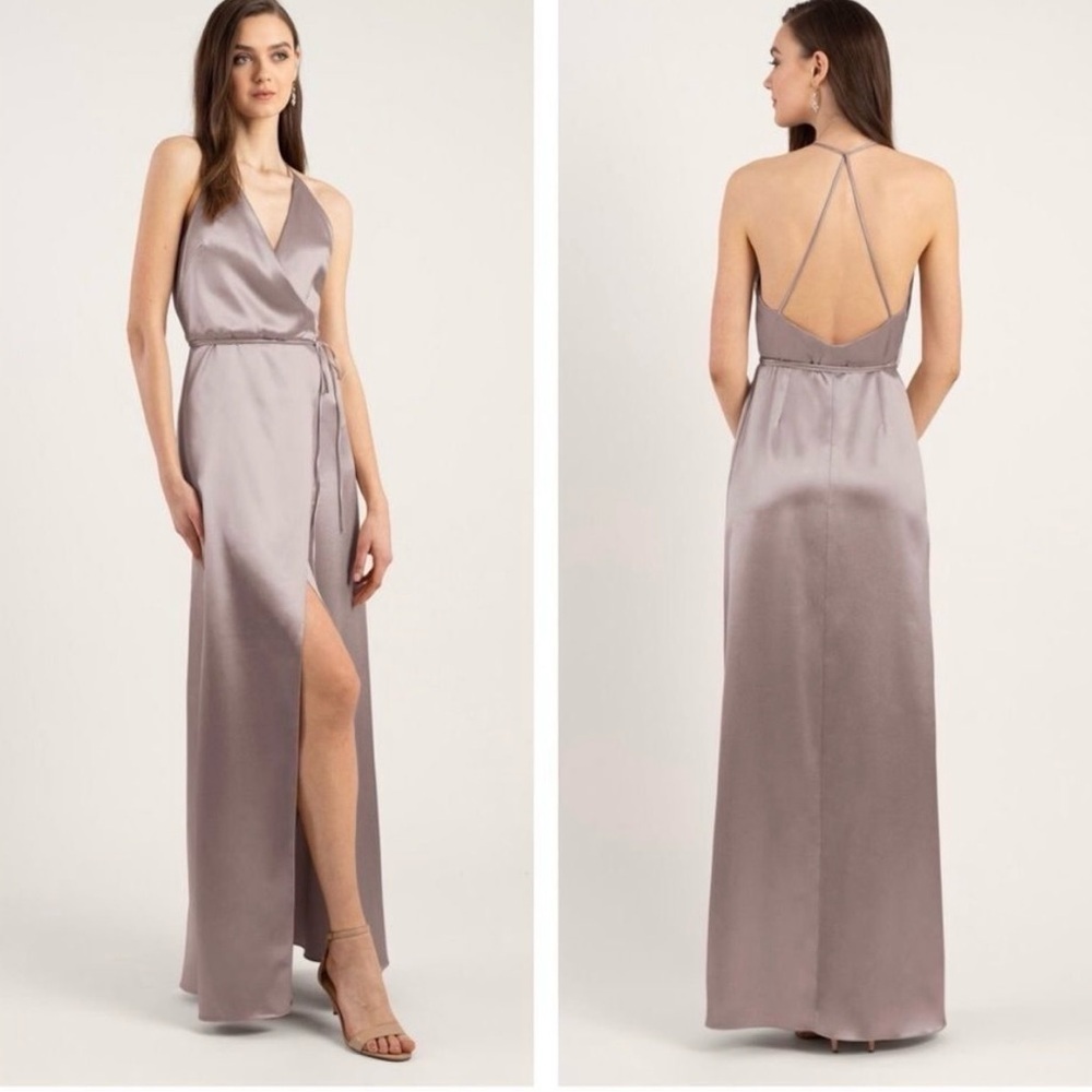Jenny Yoo Lana Crepe Satin Faux Wrap Maxi Dress Gown Sz 12 Evening Prom
